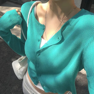 Summer Teal Round Neck Salanta Thin Ribbed Loose Fit Knit Semi-Crop Cardigan