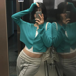 Summer Teal Round Neck Salanta Thin Ribbed Loose Fit Knit Semi-Crop Cardigan