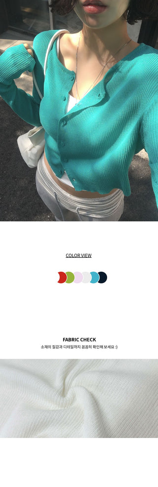 Summer Teal Round Neck Salanta Thin Ribbed Loose Fit Knit Semi-Crop Cardigan