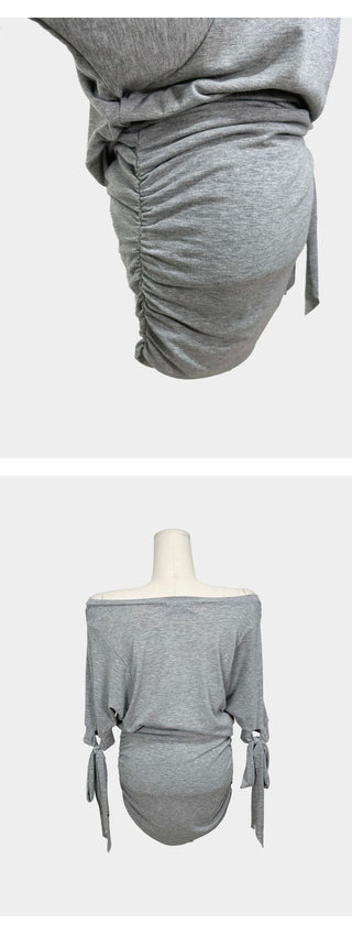 Glo Sleeve Ribbon Off-Shoulder Loose Shirred Slim Short Sleeve Cotton Summer Dress