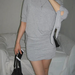 Glo Sleeve Ribbon Off-Shoulder Loose Shirred Slim Short Sleeve Cotton Summer Dress