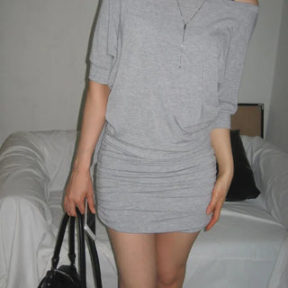 Glo Sleeve Ribbon Off-Shoulder Loose Shirred Slim Short Sleeve Cotton Summer Dress