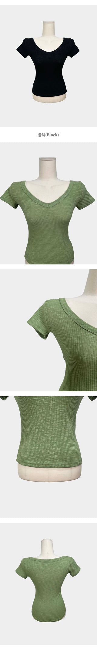 Loop Ribbed Spandex V-Neck Cap Sleeve Rounded Hem Short Sleeve T-Shirt