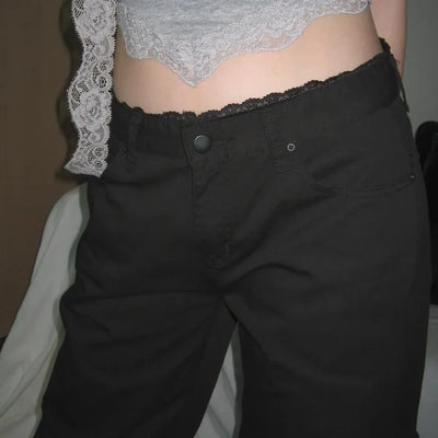 Dooc Lace Sagging Layered Low-Rise Semi-Wide Cotton Pants