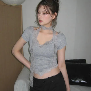 Jena Lace V-Neck Shirred Scarf Set Short Sleeve T-Shirt
