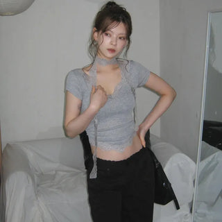 Jena Lace V-Neck Shirred Scarf Set Short Sleeve T-Shirt