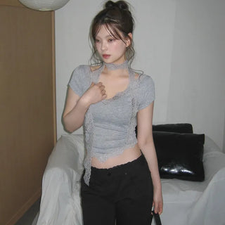 Jena Lace V-Neck Shirred Scarf Set Short Sleeve T-Shirt