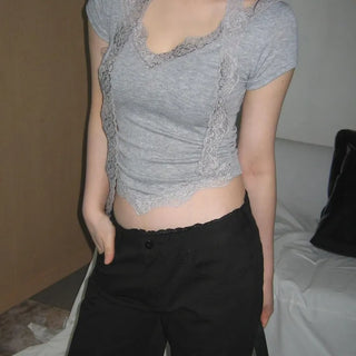 Jena Lace V-Neck Shirred Scarf Set Short Sleeve T-Shirt