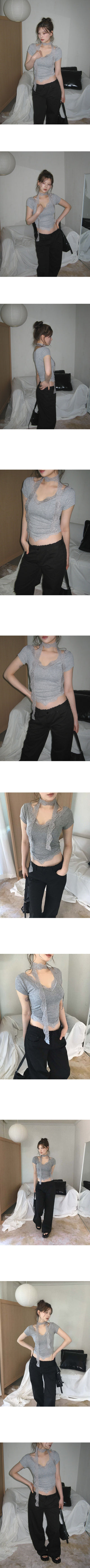 Jena Lace V-Neck Shirred Scarf Set Short Sleeve T-Shirt