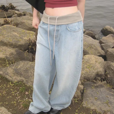 Ribbed Contrast Folding Elastic Waist Low-Rise Ice Light Blue Wide Denim Jeans
