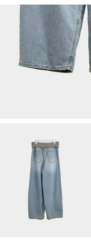 Ribbed Contrast Folding Elastic Waist Low-Rise Ice Light Blue Wide Denim Jeans