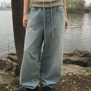 Ribbed Contrast Folding Elastic Waist Low-Rise Ice Light Blue Wide Denim Jeans