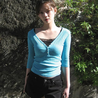 Pop Candy V-Neck Button Constriction Henley Neck Ribbed 7/8 Sleeve Slim T-Shirt