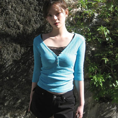 Pop Candy V-Neck Button Constriction Henley Neck Ribbed 7/8 Sleeve Slim T-Shirt