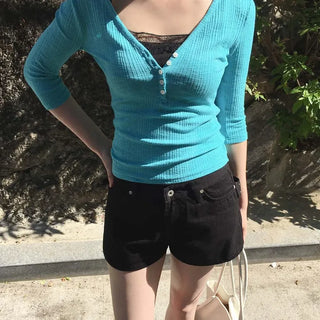 Pop Candy V-Neck Button Constriction Henley Neck Ribbed 7/8 Sleeve Slim T-Shirt