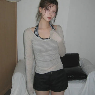Shiro Deep V-Neck Tencel Salanta Loose Slim Thin Long Sleeve T-Shirt