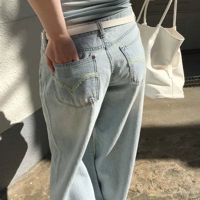 Khak Mint Hip Pocket Embroidery Low-Rise Summer Flexible Denim Light Blue Wide Jeans