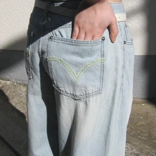 Khak Mint Hip Pocket Embroidery Low-Rise Summer Flexible Denim Light Blue Wide Jeans