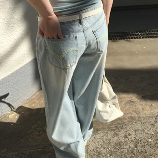 Khak Mint Hip Pocket Embroidery Low-Rise Summer Flexible Denim Light Blue Wide Jeans