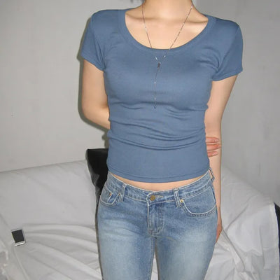 Sand Modal Spandex Square U-Neck Cinched Waist Slim Cap Sleeve Short Sleeve T-Shirt