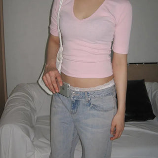 Bubble Ribbed Sleeve Roll-Up V-Neck Slim Basic T-Shirt