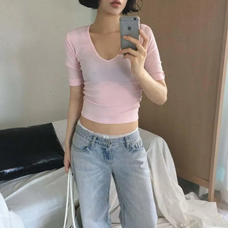 Bubble Ribbed Sleeve Roll-Up V-Neck Slim Basic T-Shirt