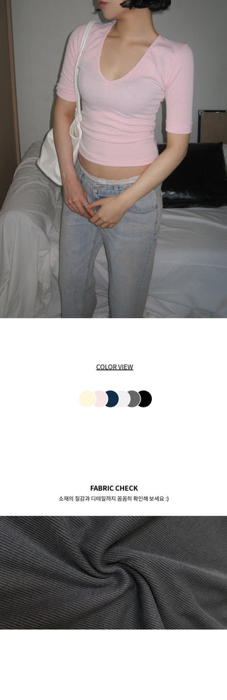 Bubble Ribbed Sleeve Roll-Up V-Neck Slim Basic T-Shirt