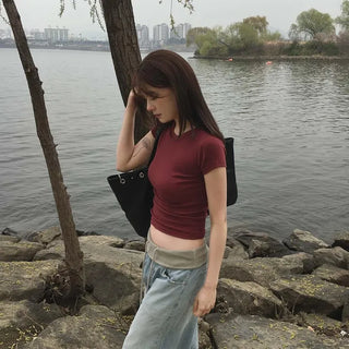 Sand Modal Spandex Round Neck Cinched Waist Slim Cap Sleeve Short Sleeve T-shirt