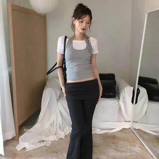 Funnel Shirred Folding Elastic Skirt Low-Rise Bootcut Training Pants