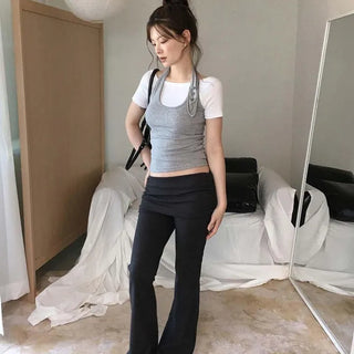 Funnel Shirred Folding Elastic Skirt Low-Rise Bootcut Training Pants