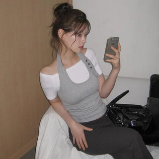 Buttonhole Halter Neck Sleeveless Layered Off-Shoulder Short-Sleeve T-Shirt Set