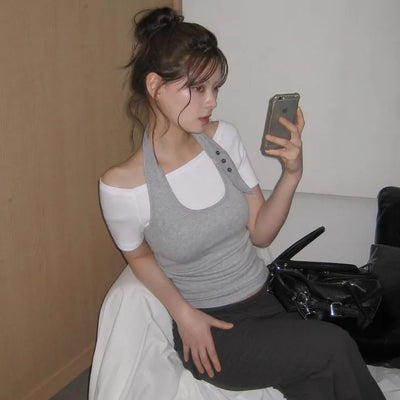 Buttonhole Halter Neck Sleeveless Layered Off-Shoulder Short-Sleeve T-Shirt Set