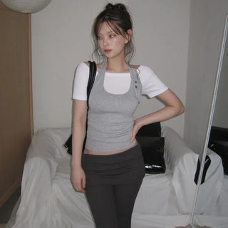 Buttonhole Halter Neck Sleeveless Layered Off-Shoulder Short-Sleeve T-Shirt Set