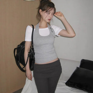 Buttonhole Halter Neck Sleeveless Layered Off-Shoulder Short-Sleeve T-Shirt Set