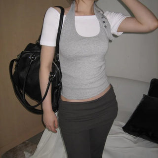 Buttonhole Halter Neck Sleeveless Layered Off-Shoulder Short-Sleeve T-Shirt Set