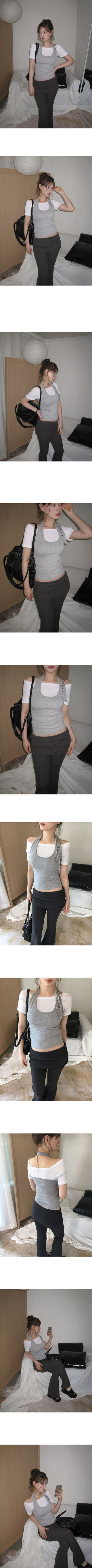 Buttonhole Halter Neck Sleeveless Layered Off-Shoulder Short-Sleeve T-Shirt Set