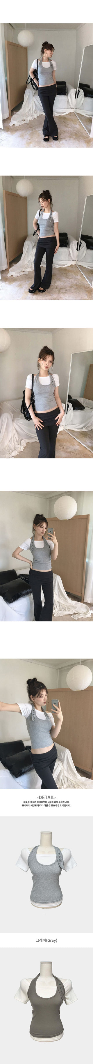 Buttonhole Halter Neck Sleeveless Layered Off-Shoulder Short-Sleeve T-Shirt Set