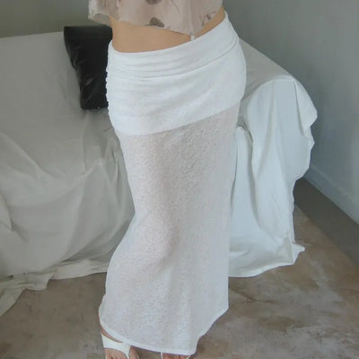 Rosette See-through Side Shirred Drape Maxi Long Skirt