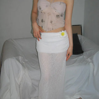 Rosette See-through Side Shirred Drape Maxi Long Skirt