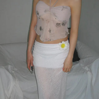 Rosette See-through Side Shirred Drape Maxi Long Skirt
