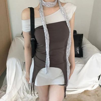 Nuffle Asymmetrical Tube Top Layered Sleeveless Off-Shoulder Set T-Shirt