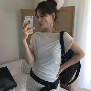 Beats Shirred Off-Shoulder Loose Slim Layered Short Sleeve Mini Dress T-Shirt