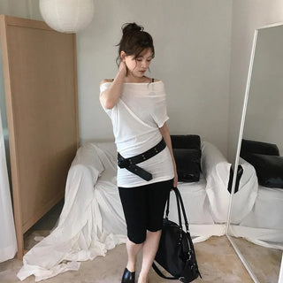 Beats Shirred Off-Shoulder Loose Slim Layered Short Sleeve Mini Dress T-Shirt