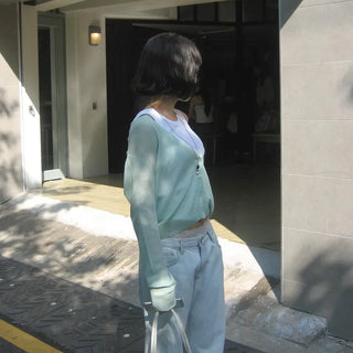 Loro Deep V-Neck Layered Summer Salanta Thin See-through Loose Fit Knit Cardigan