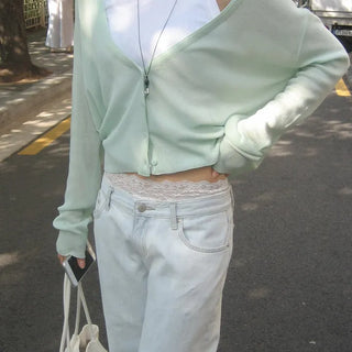 Loro Deep V-Neck Layered Summer Salanta Thin See-through Loose Fit Knit Cardigan