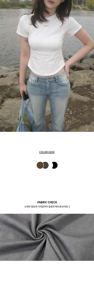 Jeans Pendant Charm Round Neck Cap Sleeve Rolled Hem Cinched Waist Stretch Short Sleeve T-Shirt