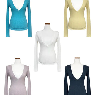 Candy Deep V-Neck Ribbed Slim Loose Long Sleeve Layered T-Shirt