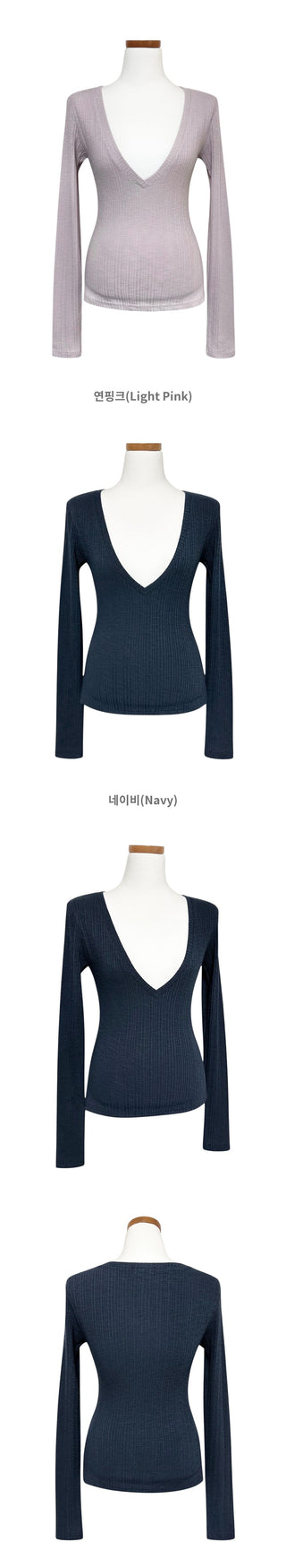 Candy Deep V-Neck Ribbed Slim Loose Long Sleeve Layered T-Shirt