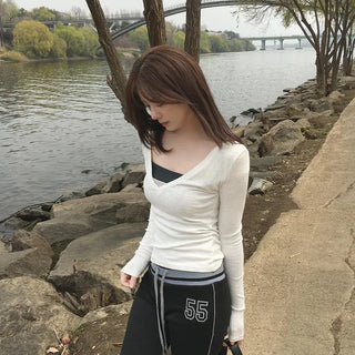 Candy Deep V-Neck Ribbed Slim Loose Long Sleeve Layered T-Shirt