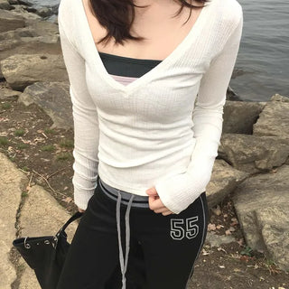 Candy Deep V-Neck Ribbed Slim Loose Long Sleeve Layered T-Shirt